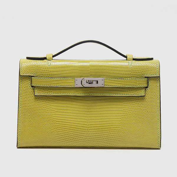 Hermes Kelly 22cm Clutch in Vert Anis Lizard Skin and Silver Hardware 