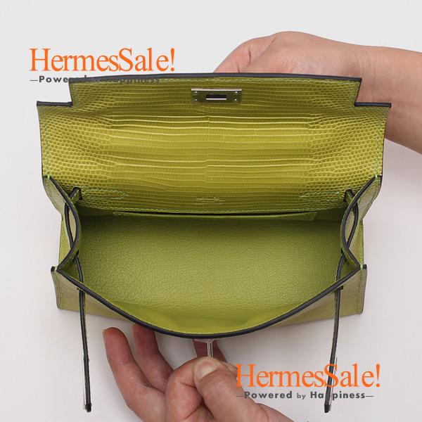 Hermes Kelly 22cm Clutch in Vert Anis Lizard Skin and Silver Hardware 