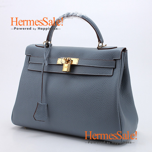 Hermes Kelly 32cm Blue Lin Clemence Gold Hardware Bag 